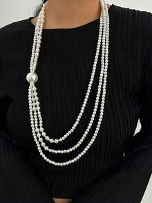 1PC Baroque Geometric Pearl Beaded Collarbone Chain, Retro Tassel Multi-Layered Long Necklace