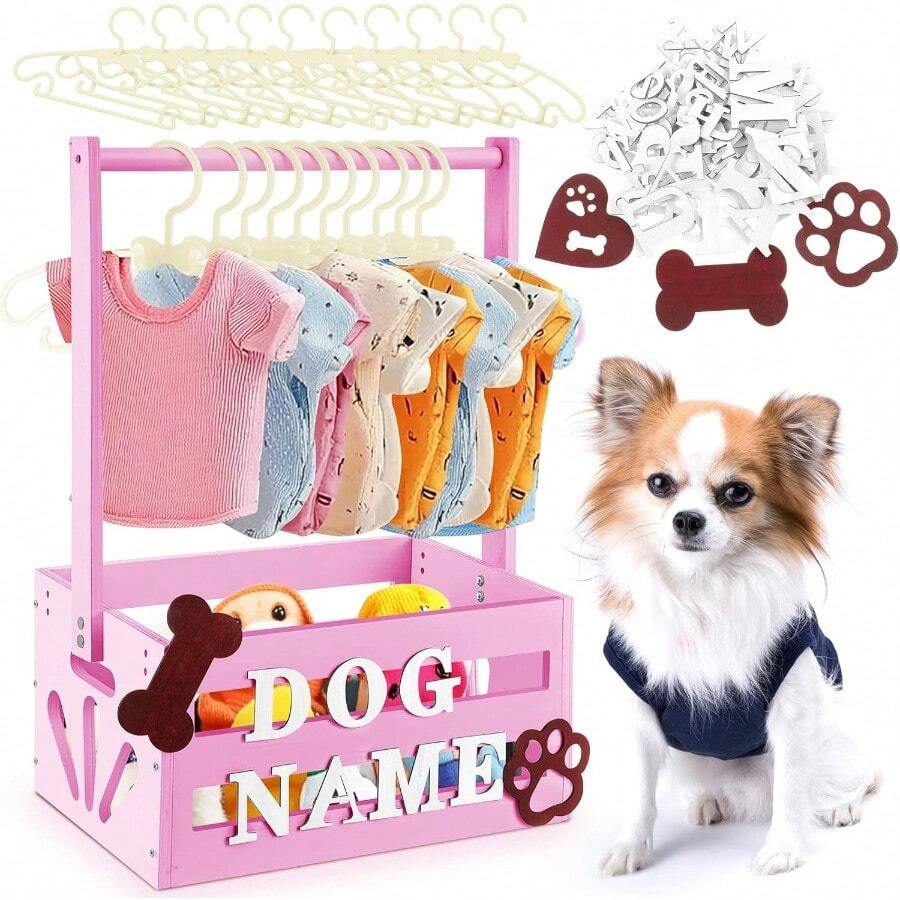 20 X 13 X 9 Wooden Dog Closet Pet Wardrobe Crate Box With Hanging Rods And Personalized Alphabet Letters Easy Assembly Baskets For Dog Cat Toys Clothes Accories Pink - 粉色 - 查看 1
