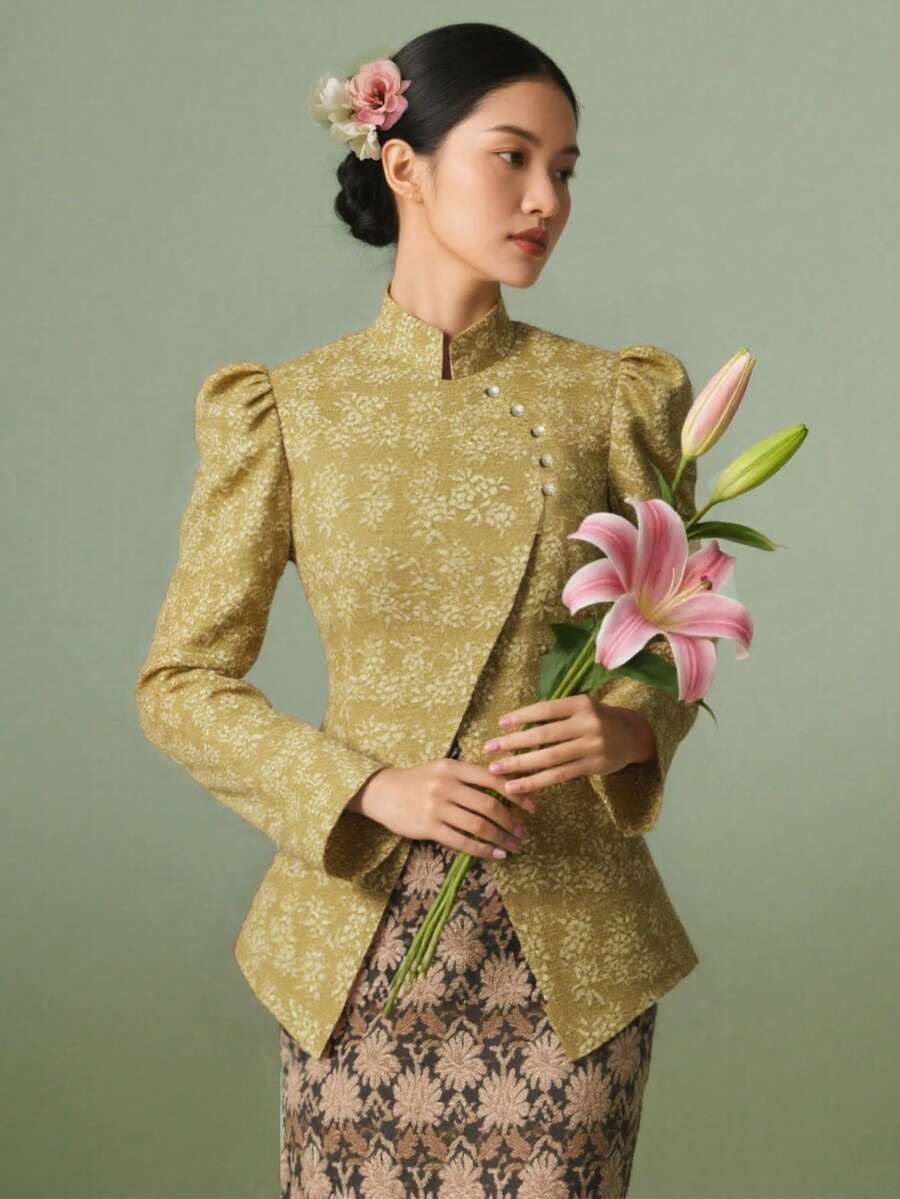 现代优雅女士立领上衣，不对称设计，3D立体花卉图案，适合搭配传统可巴雅衬衫，绿色上衣，开斋节服装 - 綠色 - 查看 1