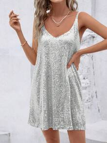 Sequin V-Neck Sleeveless Dress, Fashionable Party Wear, European & American Style, Summer