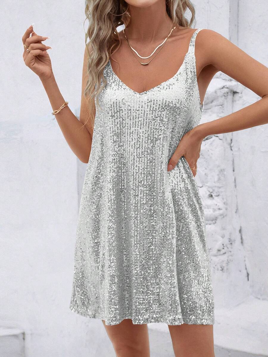 Sequin V-Neck Sleeveless Dress, Fashionable Party Wear, European & American Style, Summer