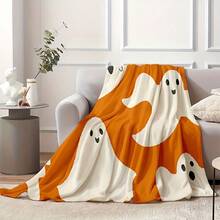 Cozy Halloween Flannel Blanket - Soft & Luxurious, Orange With Playful White Ghosts - Bedroom, Living Room, Or Outdoor Halloween Parties - All-Season Comfort 280gsm Room Decor Home Essentials Decor Bedroom