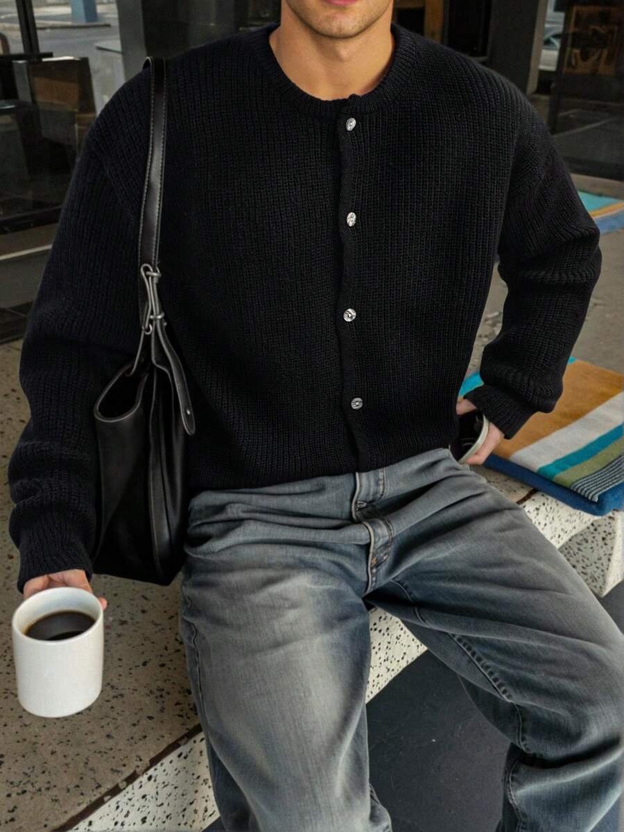 Unisex Casual Loose Fit Solid Color Round Neck Ribbed Long Sleeve Drop Shoulder Cardigan, Minimalist Style, Autumn/Winter - 黑色 - 查看 1