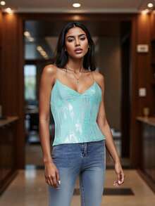 Camisola de lentejuelas para mujer, de verano, moderna, sin espalda, sin mangas, con tirantes finos, ajustada - Verde - Ver 5