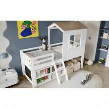 Kinderbett, Halbhohes Bett, Hausbett mit Dach und Fenster, Vierseitiger Zaun, mit kleine Treppe, Freier Stauraum unter dem Bett, Kiefer + MDF + Sperrholz, Weiß+Natur, 90x200cm