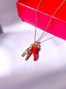 1pc Stainless Steel Italian Horn Amulet Hand Gesture Pendant Necklace, Red Chili Pepper Pendant Necklace, Suitable For Daily Wear And Gift For Friends And Family