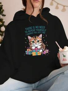 Women's Plus Size Sarcastic Cat Birthday Quote Hoodie - "No Need To Ruin Yourself" Graphic, Grey Geometric Pattern Pullover With Pockets, Cozy Fleece-Lined Hooded Sweatshirt For Autumn/Winter Casual Wear, Cat Clothes, Autumn Fashion, Playful Design, Durable Construction, Humor Enthusiasts - màu đen - Xem 2
