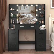 NEW Large Makeup Vanity Desk Mirror & 3 Color Modes Adjustable Brightness Table- Perfect For Organizing Makeup, Skincare, Elegant Vanity|Decorative Vanity, Vanity Furniture, Compact For Small Space, Bedroom Decor Gift, Suitable For Christmas And Halloween Decorations - Black - View 3