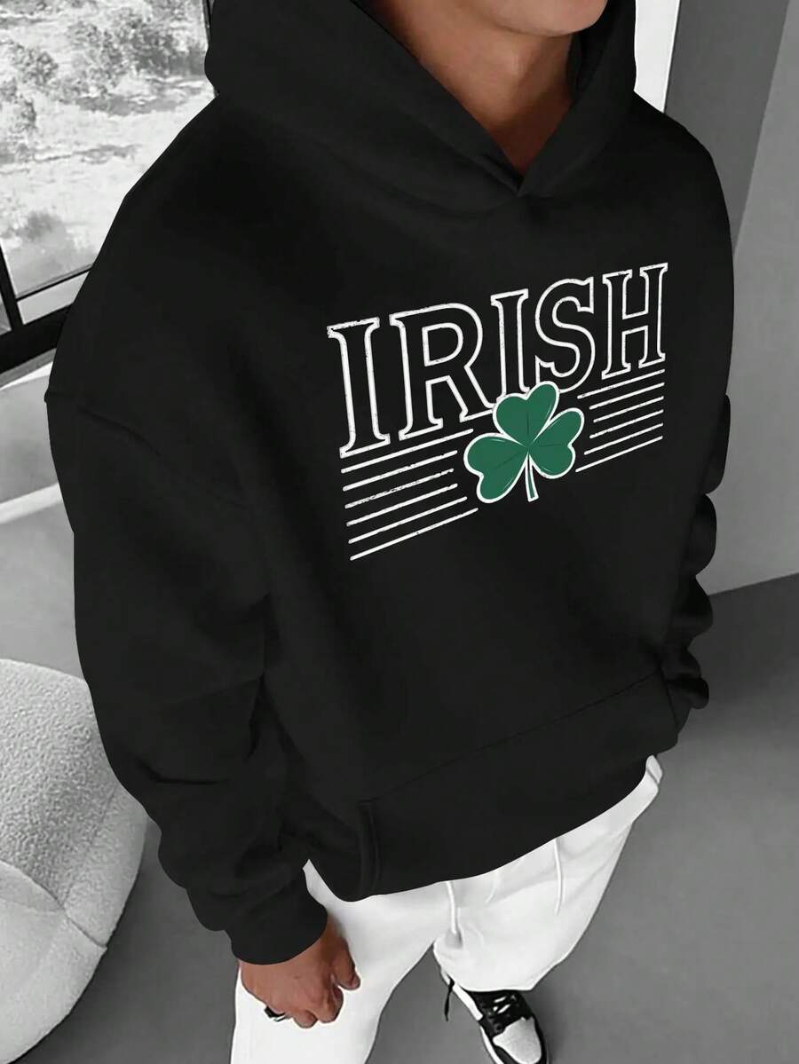 Grand sweat-shirt à capuche pour hommes avec un design en lettres audacieuses du trèfle irlandais - Noir - Voir 1