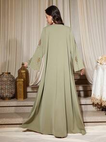 女士V领长袖串珠优雅宽松睡袍 - 綠色 - 查看 2