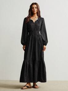 Rusttydustty 女士优雅休闲V领长袖波点收腰中长连衣裙，适合下午茶聚会 - 黑色 - 查看 4