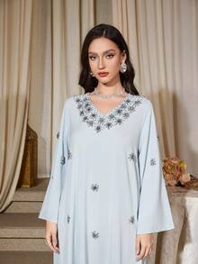 女士优雅水钻装饰 V 领宽松长袍连衣裙，长袖 - 藍色 - 查看 7