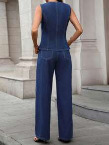 Womens Denim Two Piece Set With Pockets Stylish Solid Button Down Crew Neck Sleeveless Vest And Flared Jeans - 藍色 - 查看 2