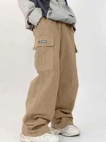 بنطلون كارجو مستقيم الساق للأولاد المراهقين، ديكور بشريط فيلكرو وجيب، للرياضة والخارج، موسم الربيع/الخريف، قطعة واحدة - كاكي - مشاهدة 3