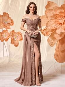 UNITHORSE Plus Size Women Backless Glitter High Slit Trailing Dress, Elegant Flowing Evening Gown - Coffee Brown - View 4
