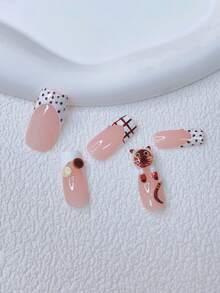 10 件 Y2K Nails 管状按压指甲套装 - 手工制作，粉色指甲、棕色指甲、白色法式尖头指甲、手工制作的 3D 猫咪和 3D 纽扣、手绘波尔卡圆点和条纹设计、闪亮可爱指甲 - 适合女士和女孩，派对、婚礼、日常佩戴、DIY 美甲，美甲套装，包含工具包。方形指甲。手工亚克力方形按压指甲。哥特式指甲。美甲用品猫咪指甲。（猫咪为手工制作，每只可能看起来不同） - 彩色 - 查看 3