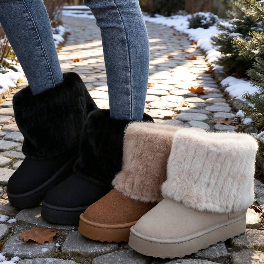 Botas de inverno femininas de cano alto, forro térmico, pele sintética, pelúcia curta, sola grossa e plana, calçado quente e acolchoado.