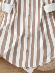 女式条纹纽扣衬衫休闲长款圆领卷袖节日春夏秋季女士秋季服装 - 咖色 - 查看 5