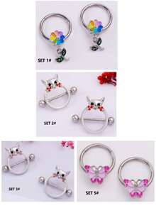 2pcs Skin-Friendly Hypoallergenic Titanium Steel Fox Head, Sunflower, Butterfly, Zirconia Flower Nipple Rings, 14G Circular Nipple Rings, Unisex Sexy Fashion Piercing Jewelry