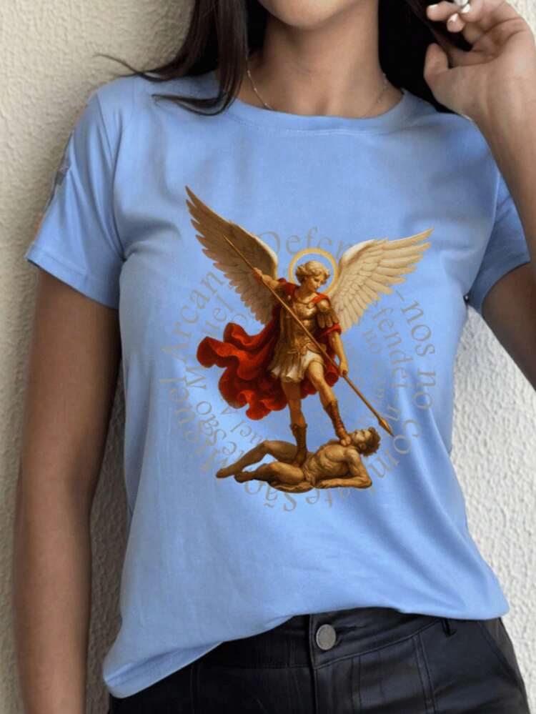 Catholic T-Shirt SAINT MICHAEL THE ARCHANGEL SPIRAL WRITING Unisex 100% Cotton - 淺藍色 - 查看 1