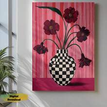 1pc Floral Check Vase Print: Berry Pink Wall Art - Multicolor - View 11