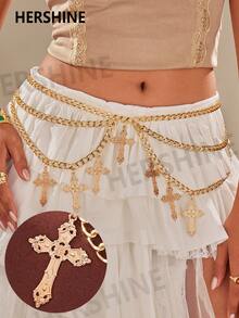 Hershine 1 szt. Y2K Boho Style Halloween Cross Decor damski pasek łańcuchowy, wielowarstwowy retro personalizowany pasek w stylu zachodnim, klasyczny dodatek do koszul, spodni i sukienek, odpowiedni na imprezy damskie, stroje na Halloween i Boże Narodzenie, idealny prezent dla rodziny i przyjaciół na Boże Narodzenie, Halloween, Święto Dziękczynienia - złoty pasek, srebrny pasek, czarny pasek, do codziennego użytku na Halloween, lato, szkołę, jesień, Halloween