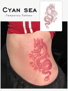 1 Piece Of Tattoo Sticker Temporary Tattoo Sticker Chinese Style Crimson Auspicious Dragon Pattern Waterproof And Sweatproof Washable Non-Reflective Arm Shoulder Simulation Tattoo Suitable For Fashionable People - Red - View 1