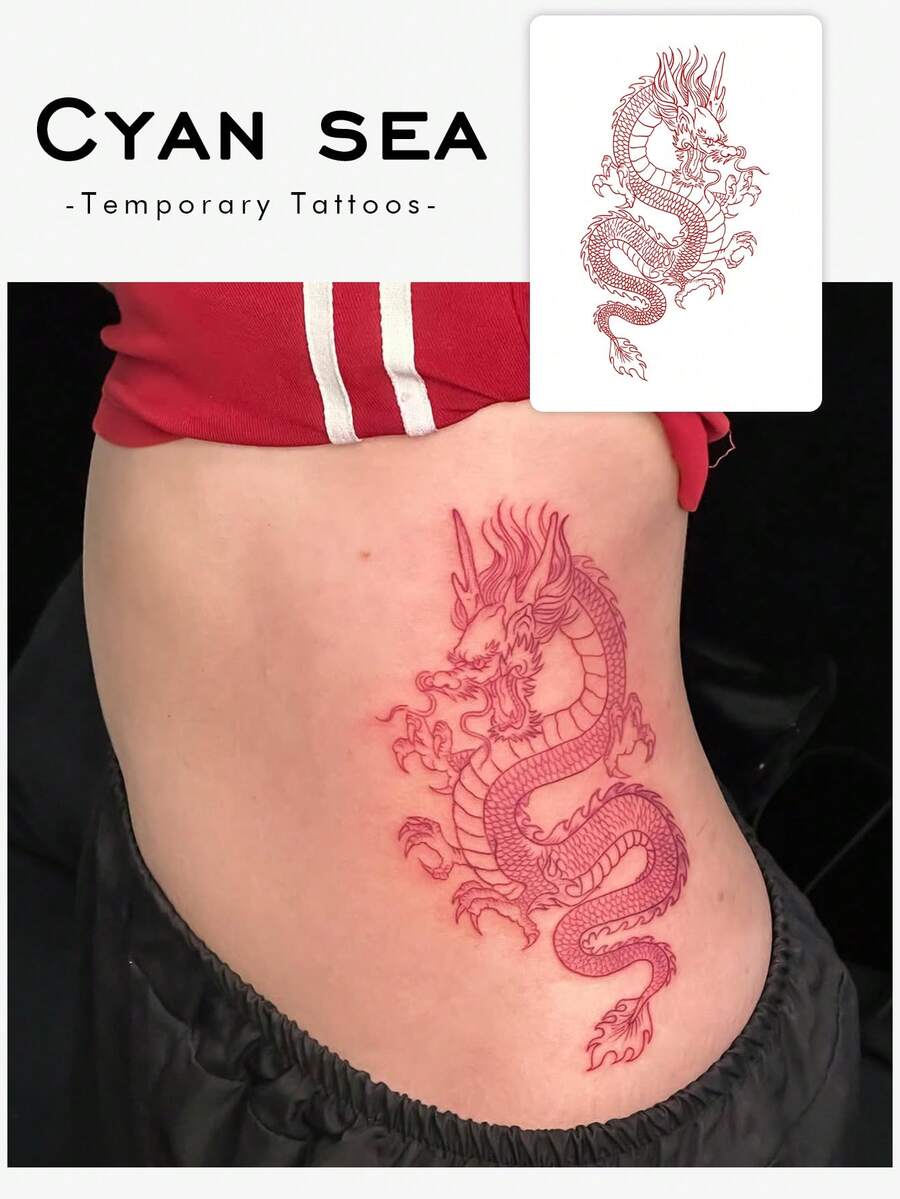 1 Piece Of Tattoo Sticker Temporary Tattoo Sticker Chinese Style Crimson Auspicious Dragon Pattern Waterproof And Sweatproof Washable Non-Reflective Arm Shoulder Simulation Tattoo Suitable For Fashionable People - Red - View 1