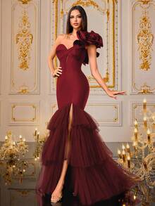 VIPGIRL New Elegant Burgundy One-Shoulder Formal Evening Dress With Floral Decor, Ruched Bust Design, Flattering Waistline - Burgundy - View 6