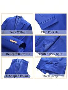 Mens Suit 3 Piece Slim Fit Double Breasted Vest Men's Suits Tuxedo Set Casual Jacket Blazer Vest Pants Groom Wedding - Xanh đậm - Xem 4