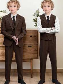 男童三件套羊毛西装，幼儿礼服，花童服，婚礼西装外套、马甲和裤子，儿童正装，深棕色，秋冬季尺码 6-14 岁 - 巧克力棕 - 查看 7