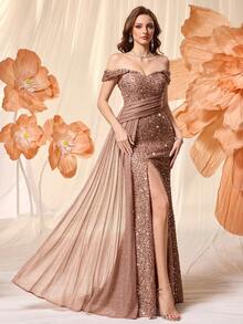 UNITHORSE Plus Size Women Backless Glitter High Slit Trailing Dress, Elegant Flowing Evening Gown - Coffee Brown - View 5