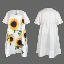 Summer Fall Curvy Dresses For Women 2025 New Sunflower Print Plus Size Loose V-Neck Short Sleeves Pleated Applique Midi Dress Vacation Outfits Woman - 白色 - 查看 11