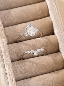 2 piezas Anillos de óvalo de circonita brillante de plata S925 de lujo, regalo conmemorativo para mujeres para aniversario, Navidad