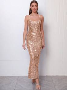 Love Aing Đầm dài đuôi cá thanh lịch, dây chéo vàng lấp lánh, sequin hở lưng, không dây, đi nghỉ, thường ngày, gợi cảm, có dây đeo - Rượu sâm banh - Xem 5