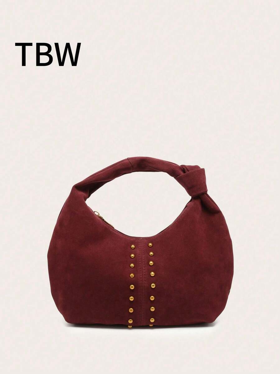 Bolso de mano en forma de media luna de unicolor, versátil y de moda, con asa única anudada, adecuado para llevar debajo del brazo y para viajar. - Burdeos - Ver 1