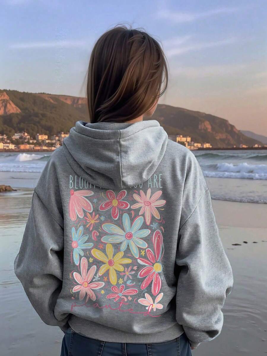 1件少女休闲印花套头卫衣，保暖内衬，长袖，秋冬季学生服装 - 淺灰色 - 查看 1