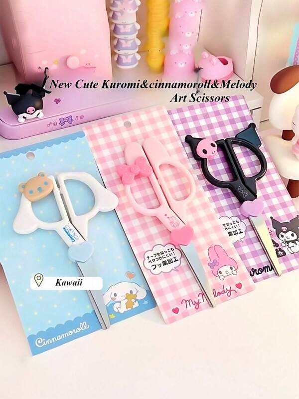 Sanrio 1pc Sanrio Kulomi - Jade Guigou - Melody KT Cat Hand Scissors, Art Scissors Stationery School Office Supplies Gifts, Cute Character Design, Student Account Stickers Cutting Stainless Steel Paper Cuttings Knives, Necessary Stationery Supplies Back To School