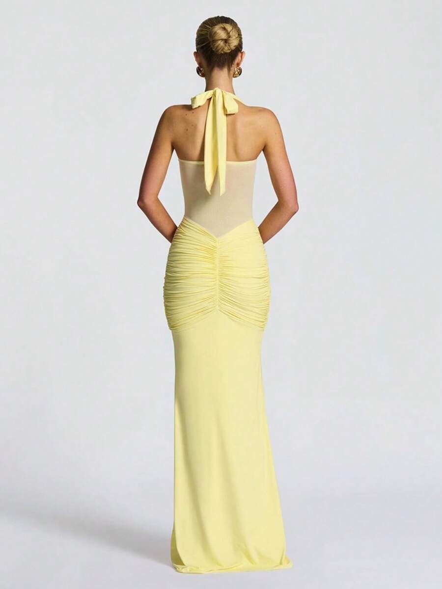 Women's New Mesh Splicing Temperament Fishtail Streamer Dress Skirt Repair Hip Dress Women - Yellow - View 1