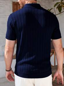 GRDR Men's Loose Thin Ribbed Polo Collar Knit Shirt, Short Sleeve, Summer - Navy Blue - View 5