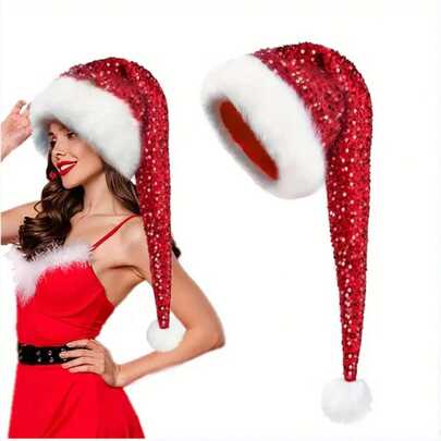 1pc New Double Layer Fluffy Sequin Christmas Hat, Christmas Holiday Atmosphere Prop Decoration