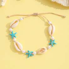 1pc Women's Handmade Woven Anklet With Seashell, Turquoise, Starfish And Faux Pearl Beads, Suitable For Beach Vacation - Multicolor - View 2