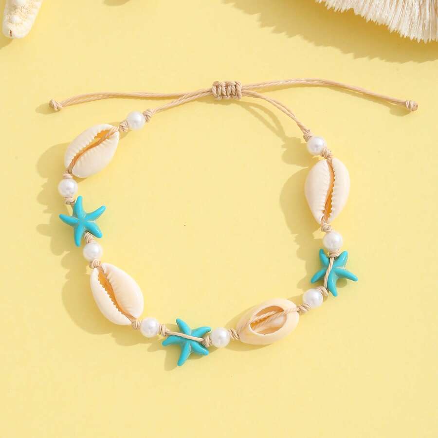 1pc Women's Handmade Woven Anklet With Seashell, Turquoise, Starfish And Faux Pearl Beads, Suitable For Beach Vacation