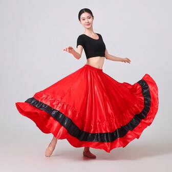 1PC Color Red Black Full Circle Maxi Skirt Women Belly Dance Flowy Boho Long Skirt Satin Lightweight Summer Beach Party Dress Elegant A-Line Swing Skirt