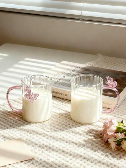 1pc Minimalist Butterfly Handle Striped Water Cup, Pink Girly Butterfly Glass Cup, Heatproof Milk Coffee Juice Beverage Cup For Home & Living Room
