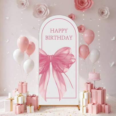 1件粉色蝴蝶结涤纶背景布（不含支架），粉色蝴蝶结拱形背景布，背景幕帘，粉色蝴蝶结生日派对装饰，背景幕布，可搭配气球装饰，粉色生日装饰，婴儿派对用品，节日派对用品，蝴蝶结生日装饰，婚礼装饰，家居装饰