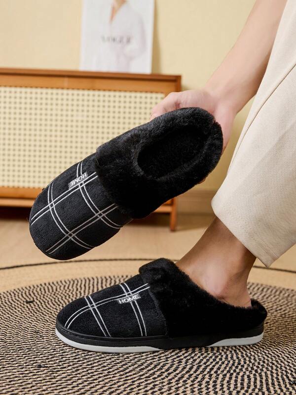 Pantuflas de hombre con forro térmico cálido, a cuadros, apropiadas para interiores, dormitorio, pantuflas de tela de moda para otoño/invierno