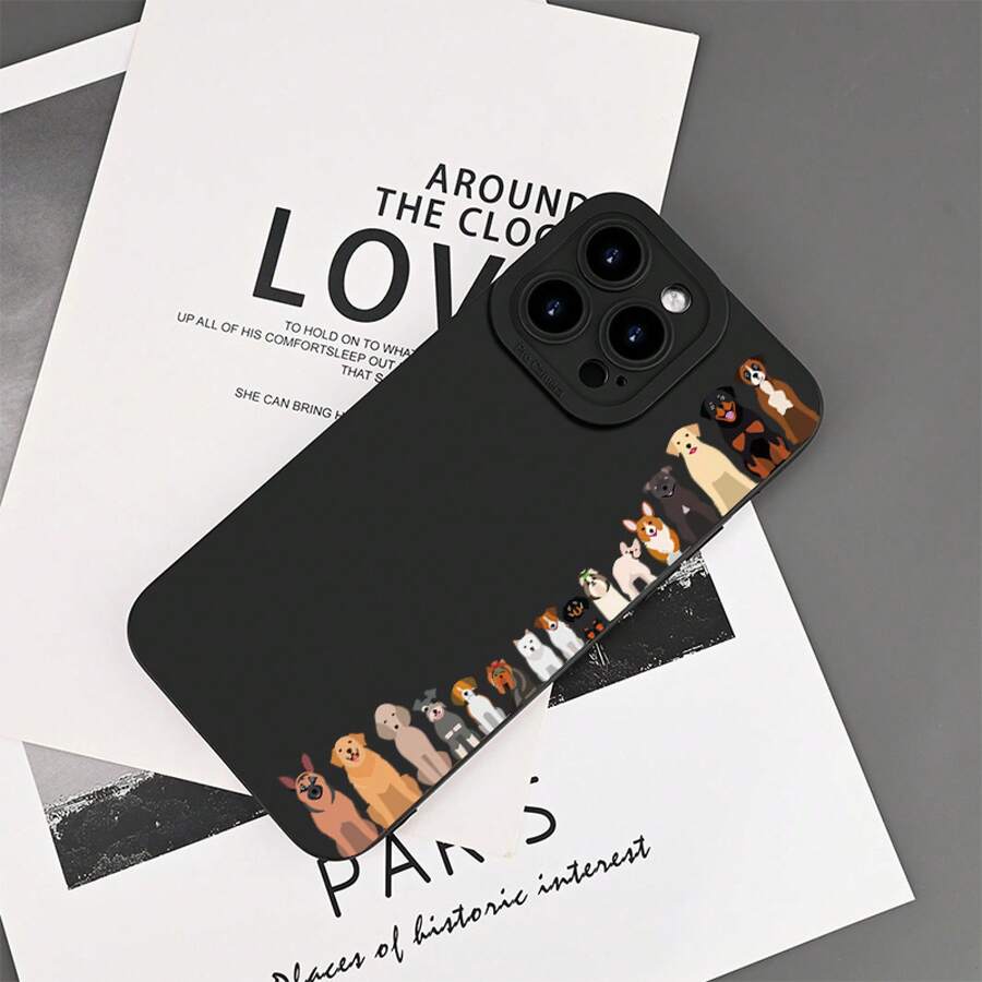 Funda de teléfono móvil estética de moda, lindo patrón de perro de dibujos animados, adecuado para iPhone 16promax 16pro 16plus 16 15promax 15pro 15plus 15 14promax 14pro 14plus 14 13promax 13pro 13 12promax 12pro 12 11promax 11pro 11 Compatibilidad, selección perfecta de regalos, protección contra caídas. - Negro 076 - Ver 1