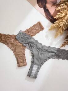 5pcs/Pack Women's Casual Lace Patchwork Low Waist Thong Panties - Multicolor - View 6