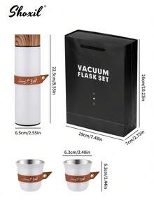 shoxil 3 件套咖啡礼品套装，包含 1 个 400 毫升不锈钢水瓶、2 个 80 毫升咖啡杯、带皮套的咖啡壶和卡瓦杯、带木纹盖的保温杯、旅行金属水瓶和水杯 - 彩色 - 查看 14